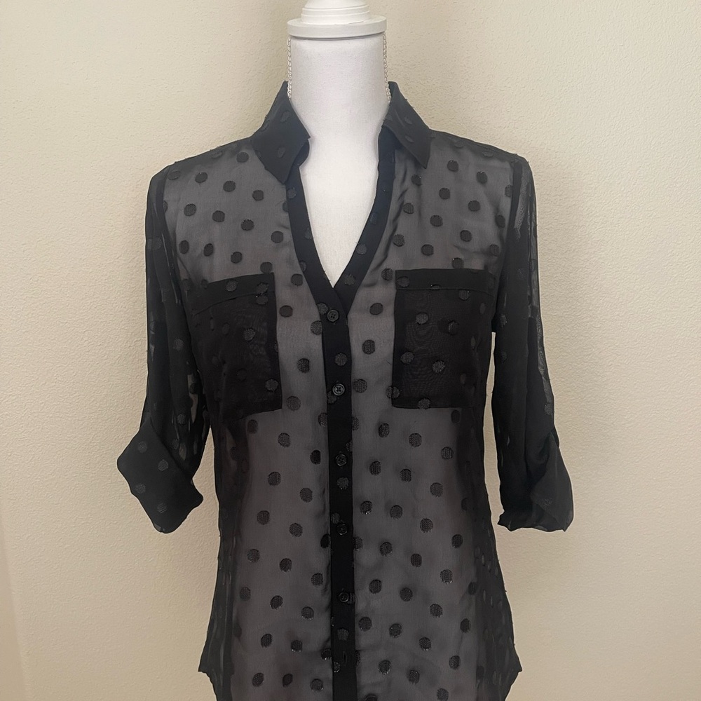 EXPRESS Sheer Black Polka Dot Blouse